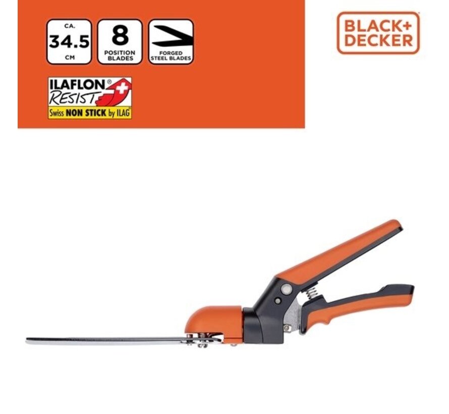 BLACK+DECKER Ciseaux à herbe - Coupe-herbe 34.5CM - Lames de coupe anti-adhésives - Ilaflon Resist et Swiss Non-Stick - Lame en acier forgé - Noir/Orange