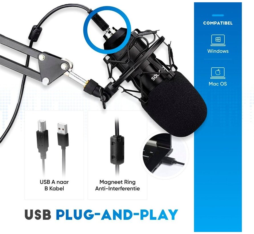 Microphone à condensateur avec bras - Gaming - Cardioïde - Microphone pour PC - USB - Avec support - Plop Cap - Filtre de bruit - Laptop - Streaming