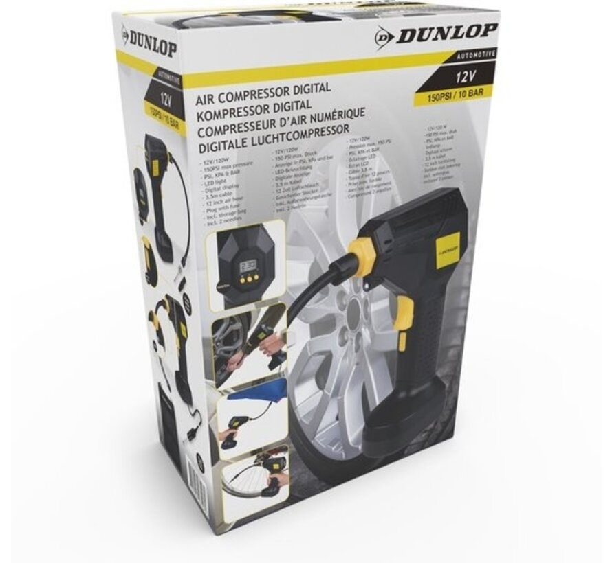 Compresseur d'air numérique Dunlop - Pompe à pneus - 12V - Affichage numérique - Max. 150PSI/ 10 Bar - Sac de rangement et 2 aiguilles inclus - Pneus de voiture et articles de gonflage