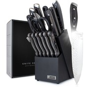 Dymund® Dymund® Set de couteaux avec bloc - Set de couteaux de chef avec bloc de couteaux - (15pcs) - martelé - acier inoxydable - noir