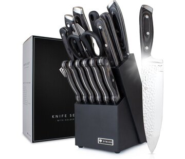 Dymund® Dymund® Set de couteaux avec bloc - Set de couteaux de chef avec bloc de couteaux - (15pcs) - martelé - acier inoxydable - noir