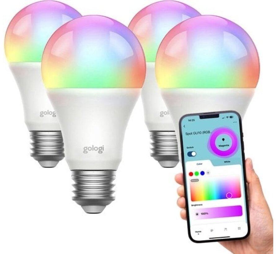 Gologi Smart E27 Bulb Lamp 4 pcs - Smart WiFi - Smart LED lighting - Dimmable - Millions de couleurs - RGB - Control via mobile app - Ambient lighting - 800 lumens
