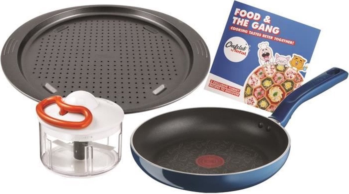 Chefclub by Tefal - Set de Cuisine Food & The Gang - Comprend une Poêle de 24 cm, un Hachoir Manuel de 500 ml pour 5 secondes, une Plaque à Pizza de 34 cm - Référence G805S304