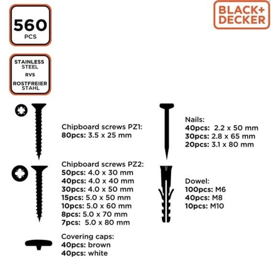 BLACK+DECKER Set de clous, chevilles et vis - 560 pièces - Boîte d'assortiment