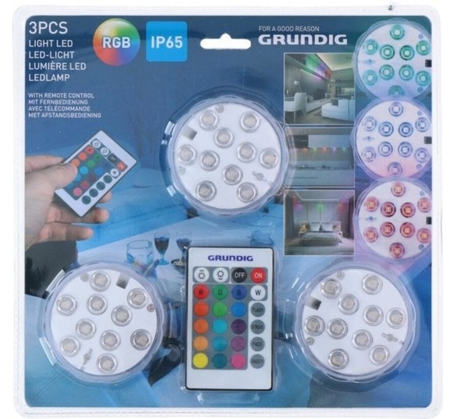 Grundig LED Lights - 3 Pieces - Ampoule LED RGB avec télécommande - Fonctionne avec des piles
