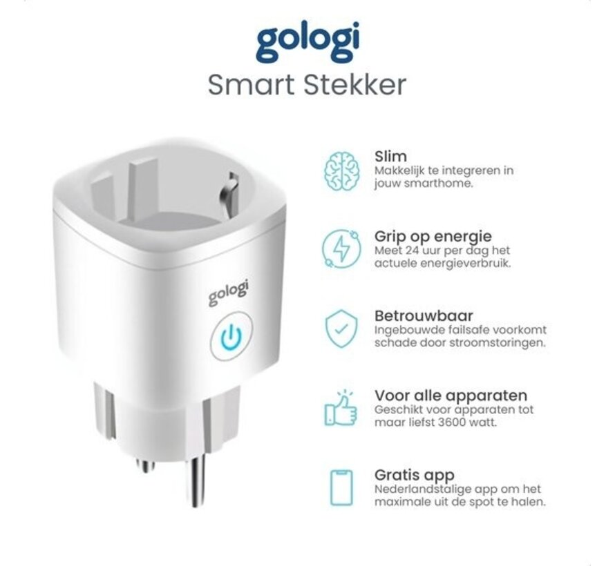 Gologi Smart plug - Prise intelligente - Horloge & Compteur d'énergie - WIFI - Google Home & Amazon Alexa - Blanc