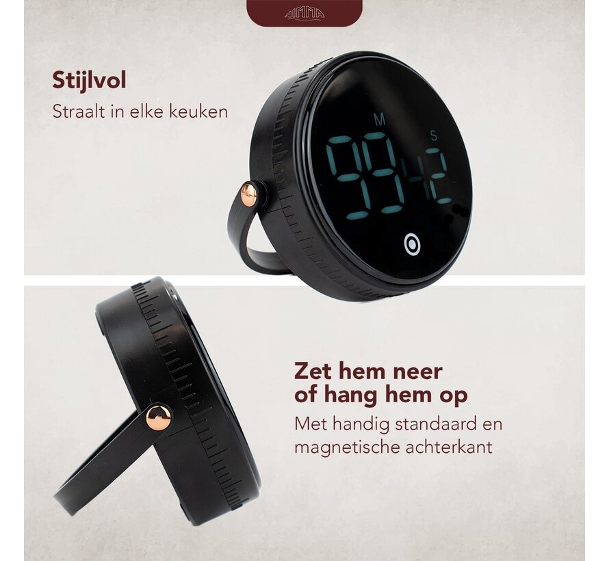 Nimma® Cook timer - Horloge de cuisine numérique - magnétique - avec minuterie et chronomètre - cadran - LED - noir