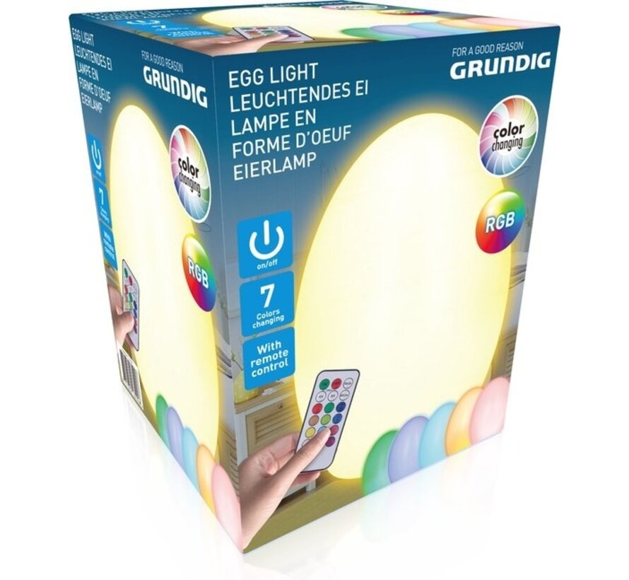 Grundig LED lampe de table en forme d'œuf - lampe RGB - lampe de table alimentée par piles - avec télécommande - différentes couleurs et modes d'éclairage - fonction minuterie 4 à 8 heures - plastique - blanc