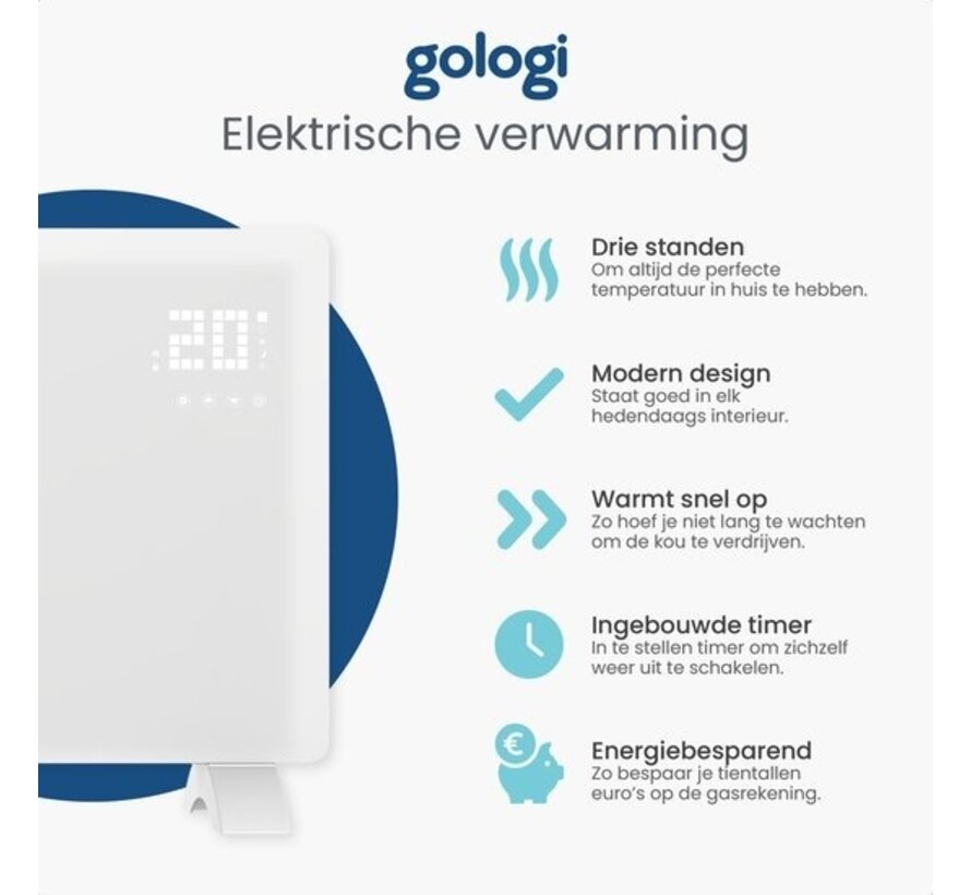 Gologi Electric Heater - Chauffage électrique - Convecteur avec thermostat - Fonctionne par App et commandes tactiles - Jusqu'à 25m2 - 2000W Heater - Blanc