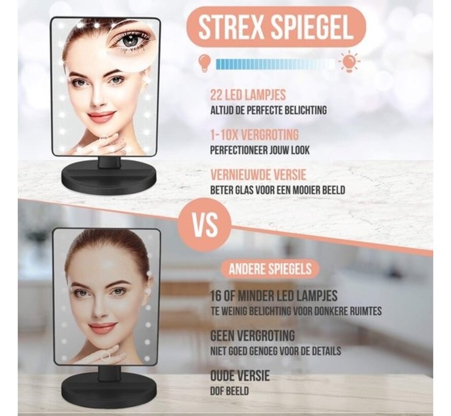 Miroir de maquillage Strex avec éclairage LED - 3 modes d'éclairage - grossissement 1/10x - réglable à 360