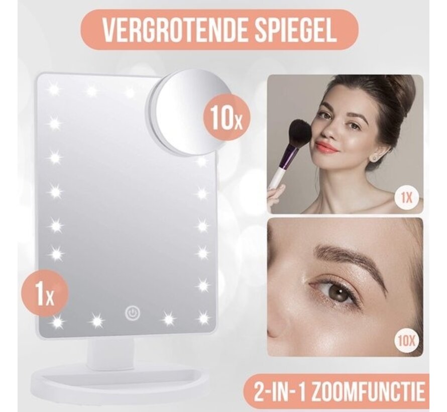 Miroir de maquillage Strex avec éclairage LED - blanc - 3 modes d'éclairage - grossissement 1/10x - réglable sur 360