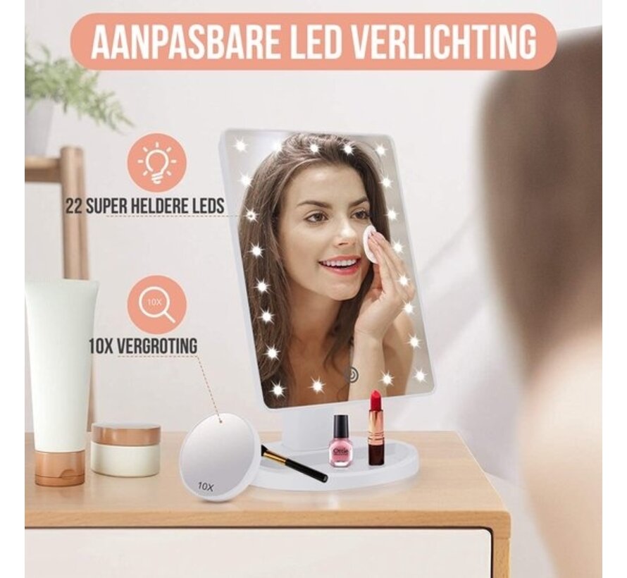 Miroir de maquillage Strex avec éclairage LED - blanc - 3 modes d'éclairage - grossissement 1/10x - réglable sur 360