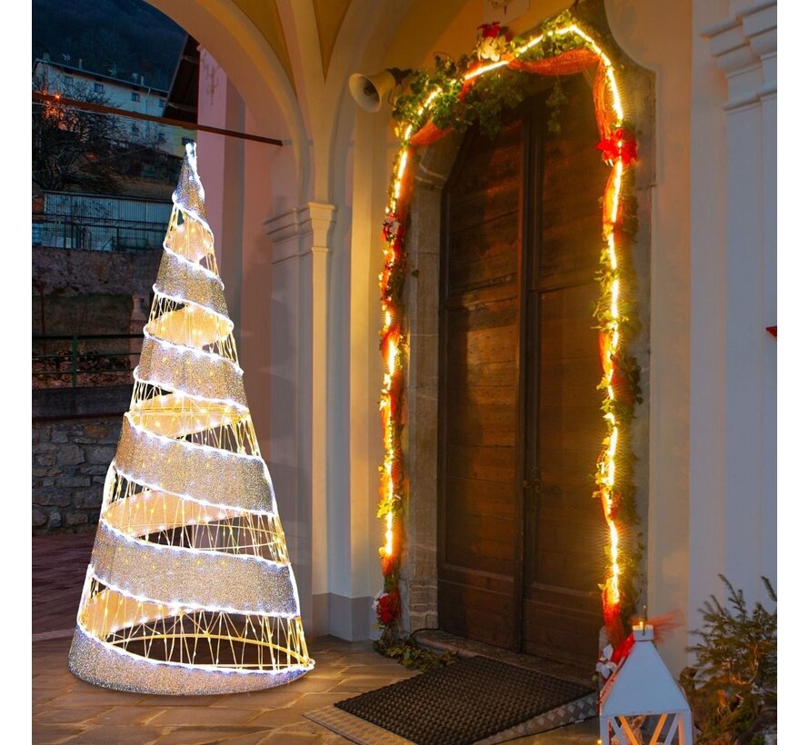 Arbre à cônes lumineux 155cm Arbre artificiel en spirale avec 300 lumières LED blanc chaud et 250 lumières LED blanc froid Décoration de Noël illuminée