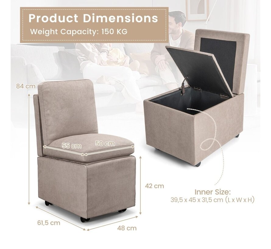 Chaise tapissée avec rangement Chaise d'appoint avec 2 coussins Chaise de salle à manger Chaise de loisirs pour salle de travail Chambre à coucher Roll-up