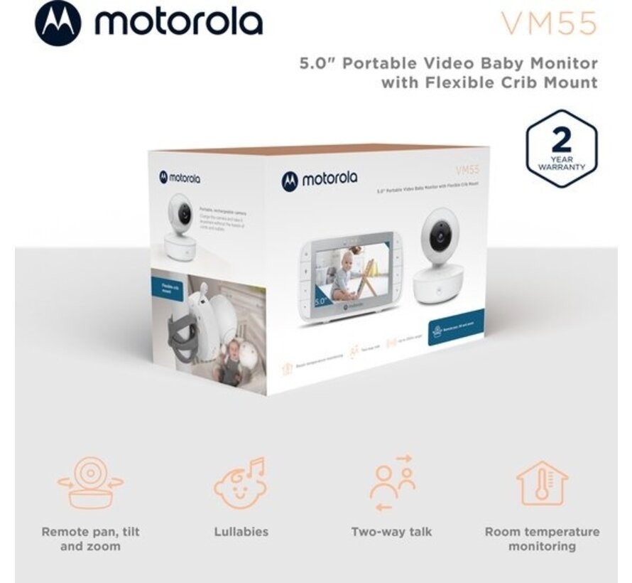 Motorola Baby Monitor avec caméra - VM55 - écran couleur 5 pouces - sans fil - vision nocturne infrarouge - caméra inclinable - fonction Talkback