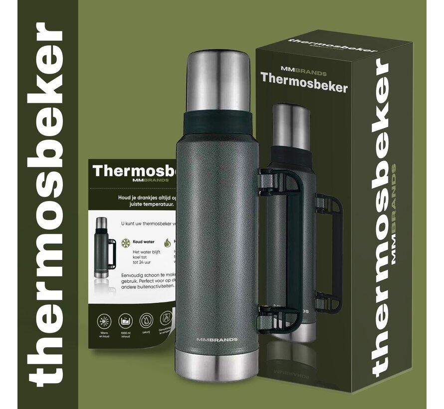 Thermos MM Brands 1 L - Bouteille isotherme - thermos de voyage - Boissons froides ou chaudes Vert