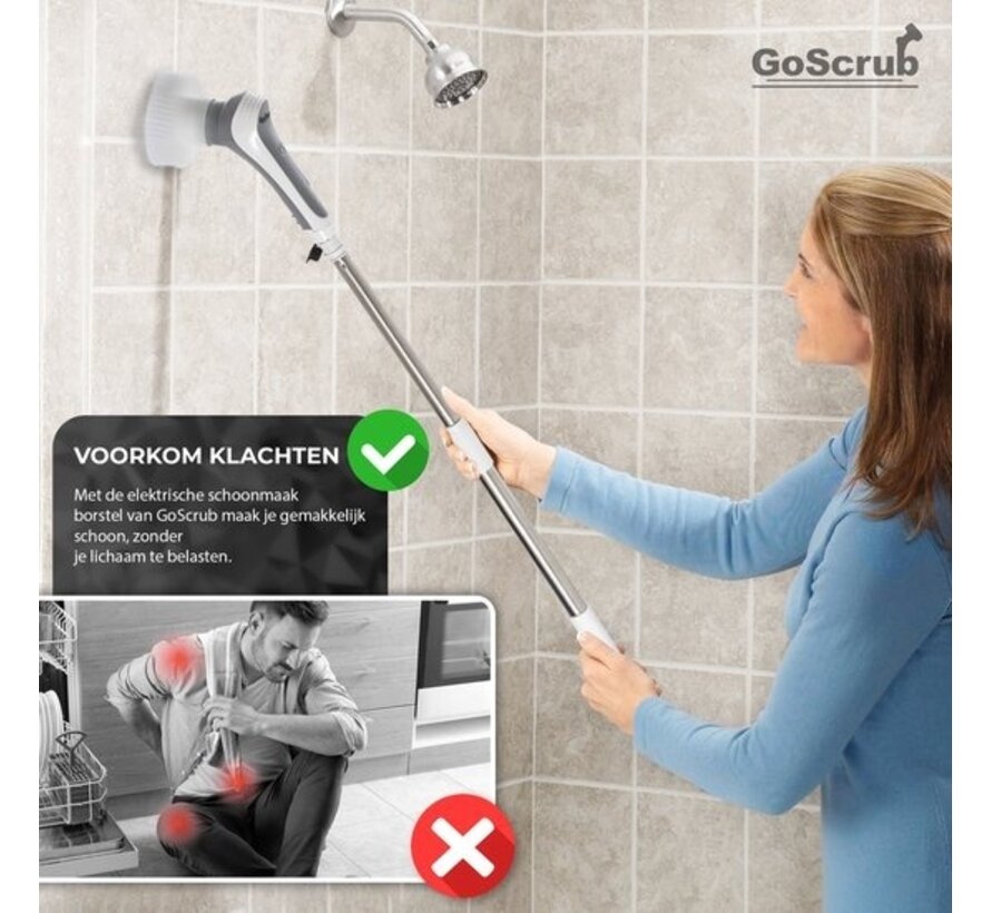 GoScrub® Cleaning Master Grey - Brosse de nettoyage électrique - Brosse électrique - Brosse à récurer - pour la salle de bain ou la cuisine - Brosse à récurer avec manche - 10 accessoires