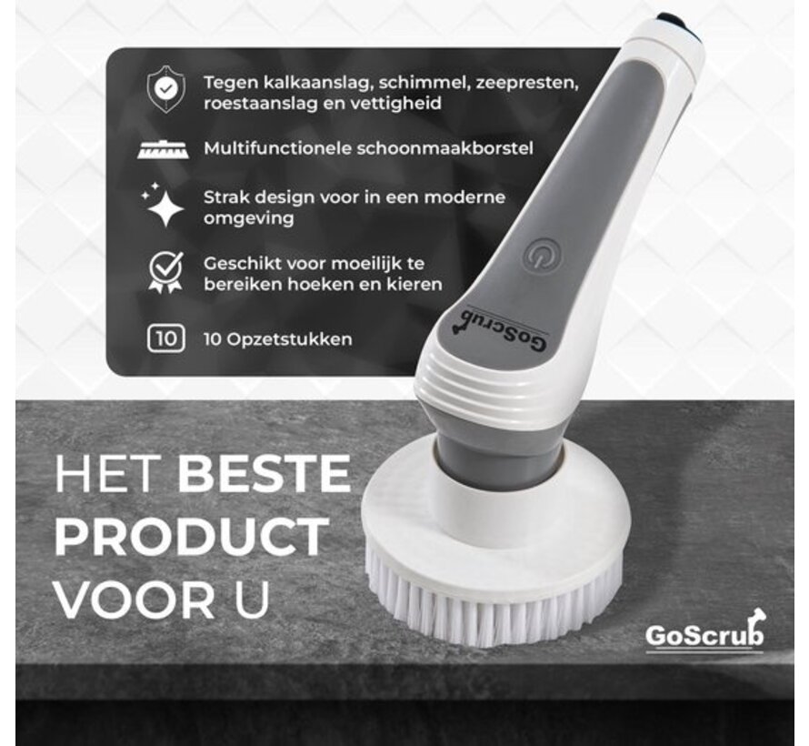 GoScrub® Cleaning Master Grey - Brosse de nettoyage électrique - Brosse électrique - Brosse à récurer - pour la salle de bain ou la cuisine - Brosse à récurer avec manche - 10 accessoires