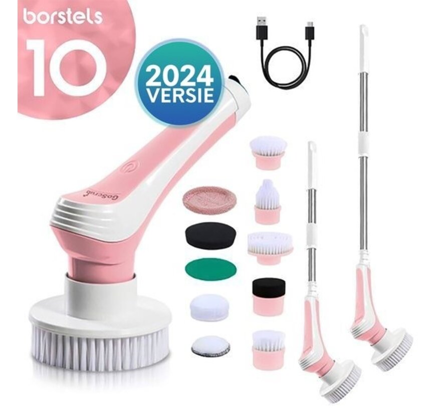 GoScrub® Cleaning Master Pink - Brosse de nettoyage électrique - Brosse à récurer électrique - pour la salle de bain ou la cuisine - Brosse à récurer avec manche - 10 accessoires