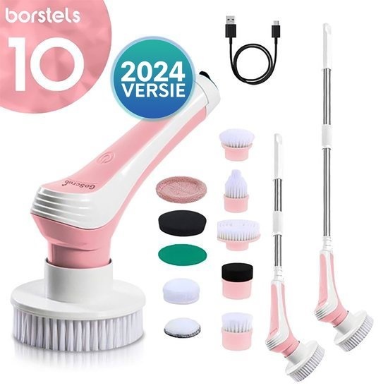 GoScrub® Cleaning Master Pink - Brosse de nettoyage électrique - Brosse à récurer électrique - pour la salle de bain ou la cuisine - Brosse à récurer avec manche - 10 accessoires