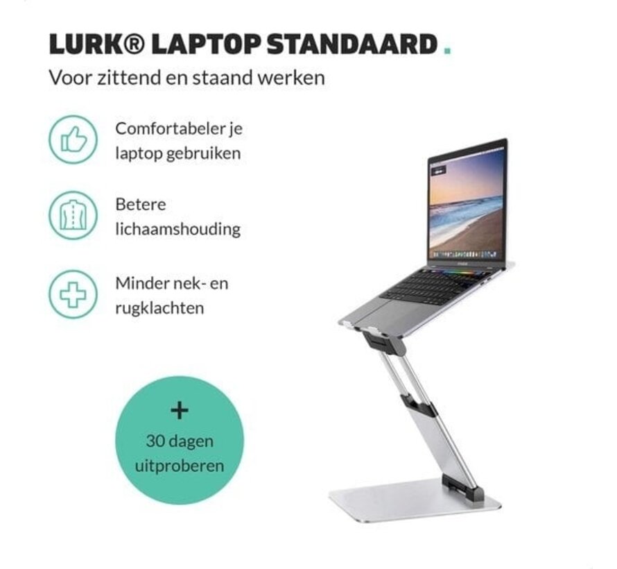 LURK® Laptop Stand Ergonomic - Laptop Raiser en aluminium - Travailler debout - Ajustable et pliable - Silver