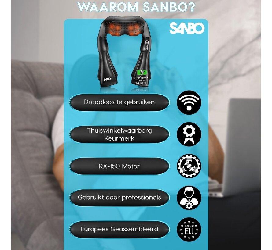 Sanbo Wireless Massage Cushion WL30 - Black - Fonction chaleur avec infrarouge - Massage de la nuque - Shiatsu - Appareil de massage relaxant - Fitness