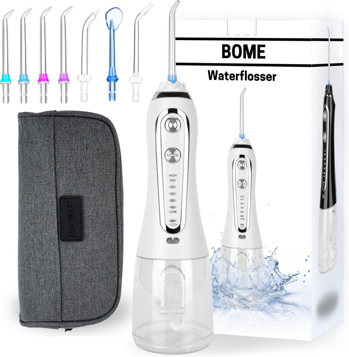 BOME Water Flosser with 7 Attachments - Oral Wash - Prevent Tartar - Cordless - 5 Stages - White