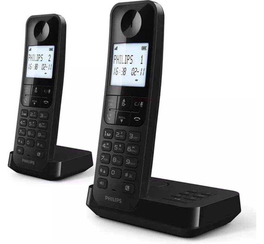 Philips Téléphone sans fil D2752B/12 - DECT - 2 combinés - Téléphone fixe - Ligne fixe - Reconnaissance des numéros - Noir