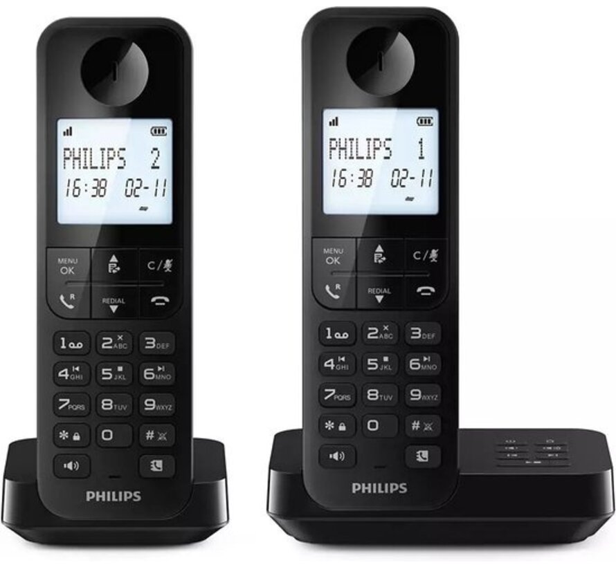 Philips Téléphone sans fil D2752B/12 - DECT - 2 combinés - Téléphone fixe - Ligne fixe - Reconnaissance des numéros - Noir