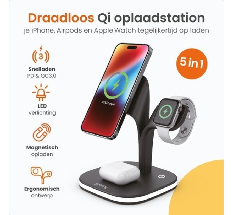 Goliving 5-in-1 Wireless Qi Charging Station - Chargeur sans fil Magsafe - Convient à l'iPhone, à l'Apple Watch et aux Airpods - Comprend une veilleuse à intensité variable et une sortie USB - Chargement rapide de 15 W - Noir