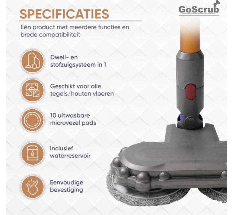 GoScrub® Electric Mop pour aspirateur vertical Dyson - Système de nettoyage pour V7 / V8 / V10 / V11 / V15 - Mop - Essuyeur de sol - Comprend 10 mops de nettoyage