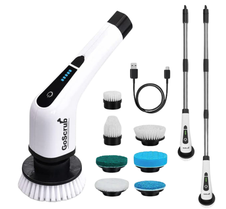 GoScrub® Cleaning King V1 - Brosse de nettoyage électrique - Brosse à récurer électrique - pour la salle de bain ou la cuisine - Brosse à récurer avec manche - 9 accessoires