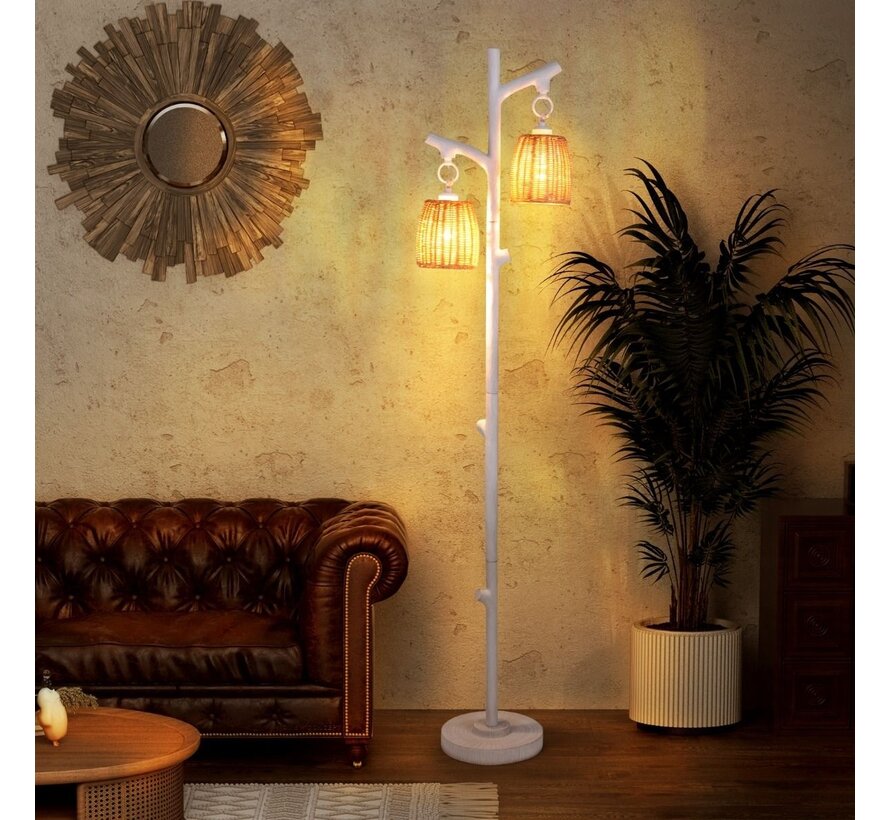 165cm Floor Lamp dimmable with 2 Wicker Lampshades Floor Lamp White for Living Room Bedroom Study Room
