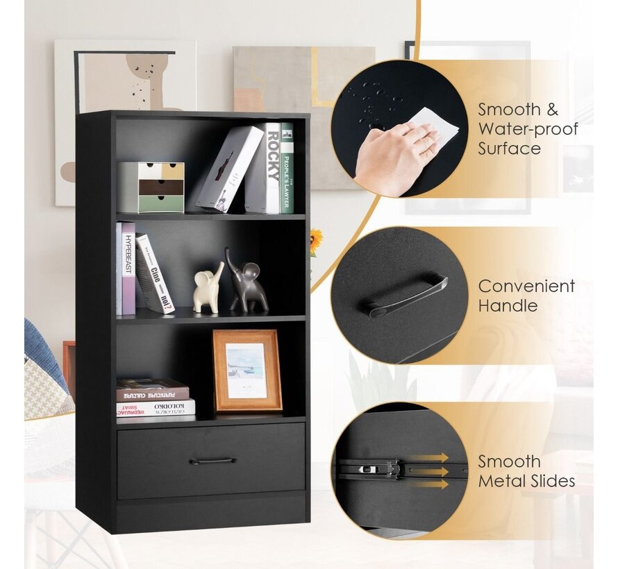 Coast 4-stage storage shelf wooden shelf with drawer bookshelf 60 x 38 x 120 cm black