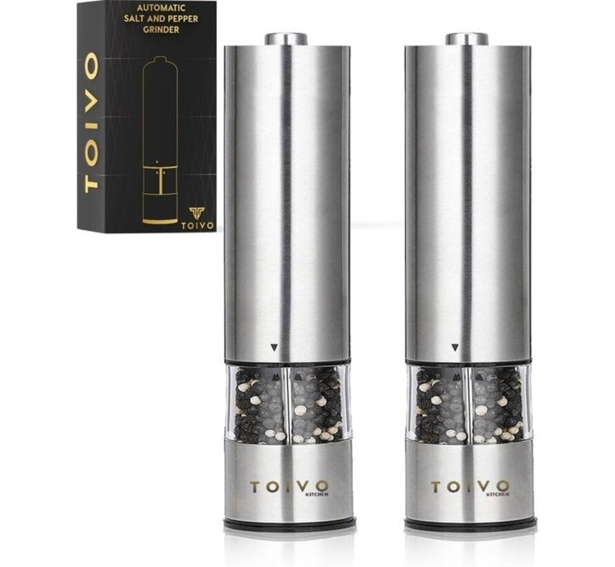 Toivo Kitchen Electric Salt and Pepper Mill 2 Pieces - Incl. 8 AA batteries - Silver - Adjustable Grind - Kitchen utensils - Spice grinder - Salt and pepper shakers