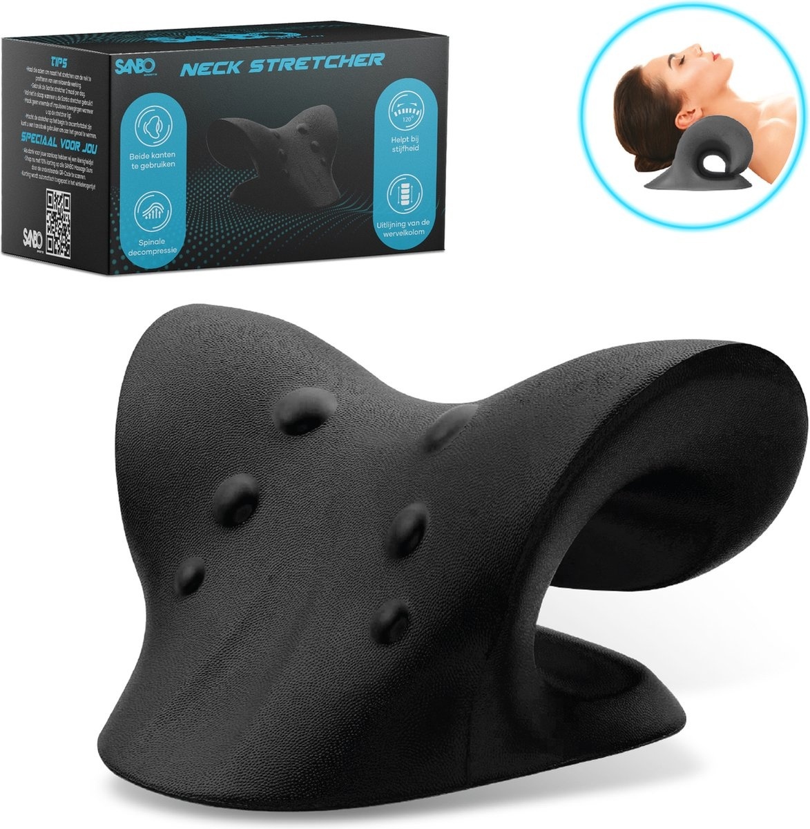 Sanbo Neck Stretcher - Massage Pillow - For Back and Neck Pain - Black - Neck Releaser - Neck Massage - Neck Traction Device