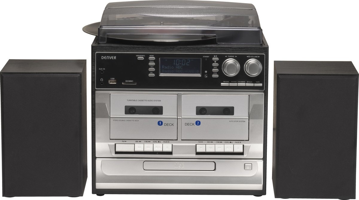 Denver Retro Record Player with Speakers - DAB Radio CD Player - Double Cassette - FM Radio - Wood - MRD166