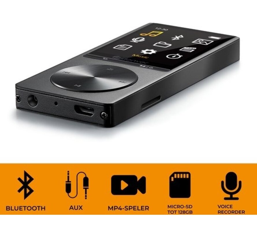 Denver Lecteur MP3 / MP4 - Bluetooth - USB - Shuffle - jusqu'à 128 Go - Ecouteurs inclus - Enregistreur vocal - Dicataphone - MP1820 - Noir