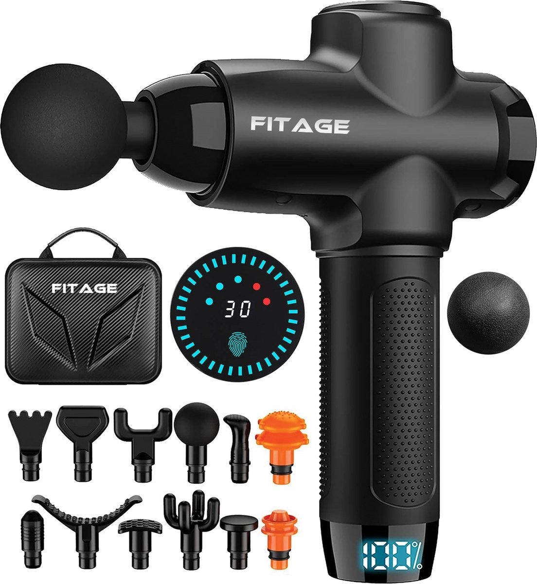 Pistolet de massage professionnel - FITAGE - Massage Gun Professionnel - Appareil de Massage - 12 accessoires - 30 modes - Noir