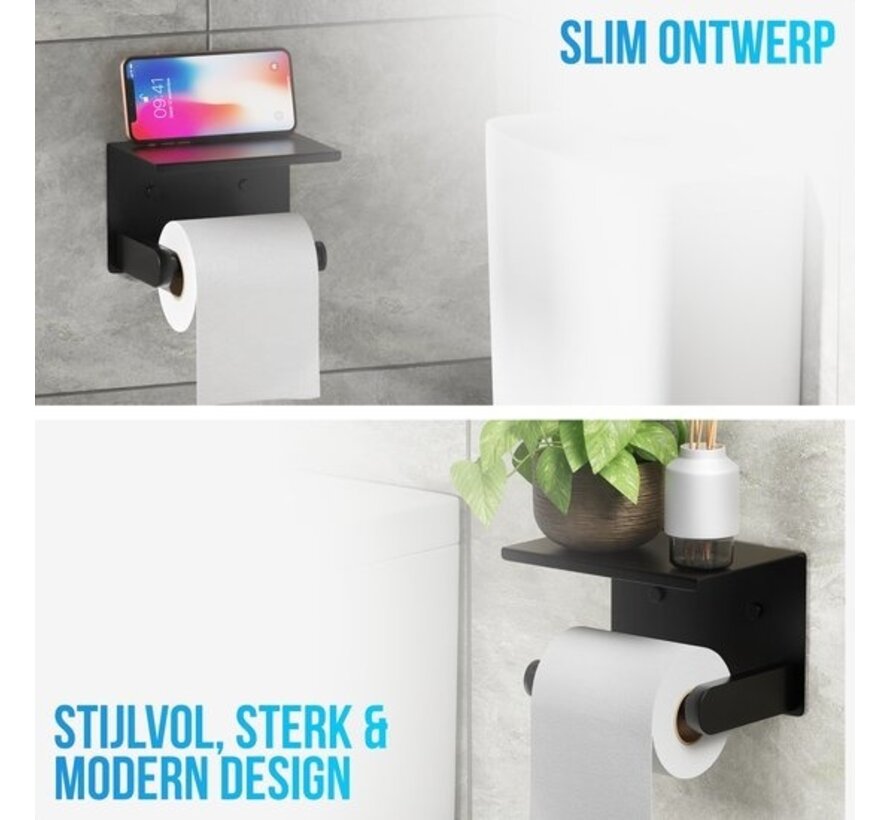 Strex Porte-rouleau de papier toilette avec étagère - Noir - Autocollant / Perçage / Sans perçage - Porte-rouleau de papier toilette - Porte-papier toilette