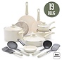 COOCK Ensemble de casseroles 19 pièces - Revêtement spécial antiadhésif - Poignées ergonomiques - Aluminium recyclé - Blanc - Sous-verres et livre électronique inclus