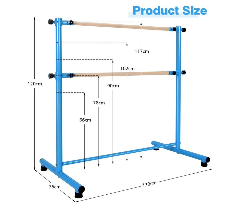 Barre de danse classique double - Coast - 120 cm avec 2 poutres en hêtre massif antidérapantes - Bleu