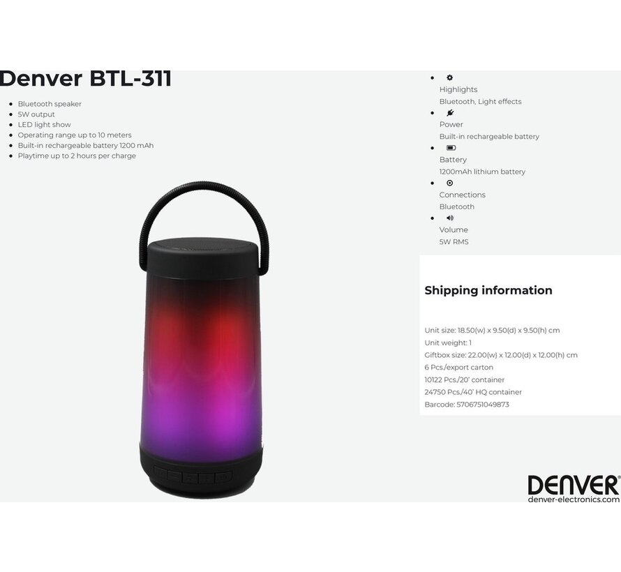 Denver BTL311 Enceinte Bluetooth 50 watts avec effets lumineux intégrés - noir