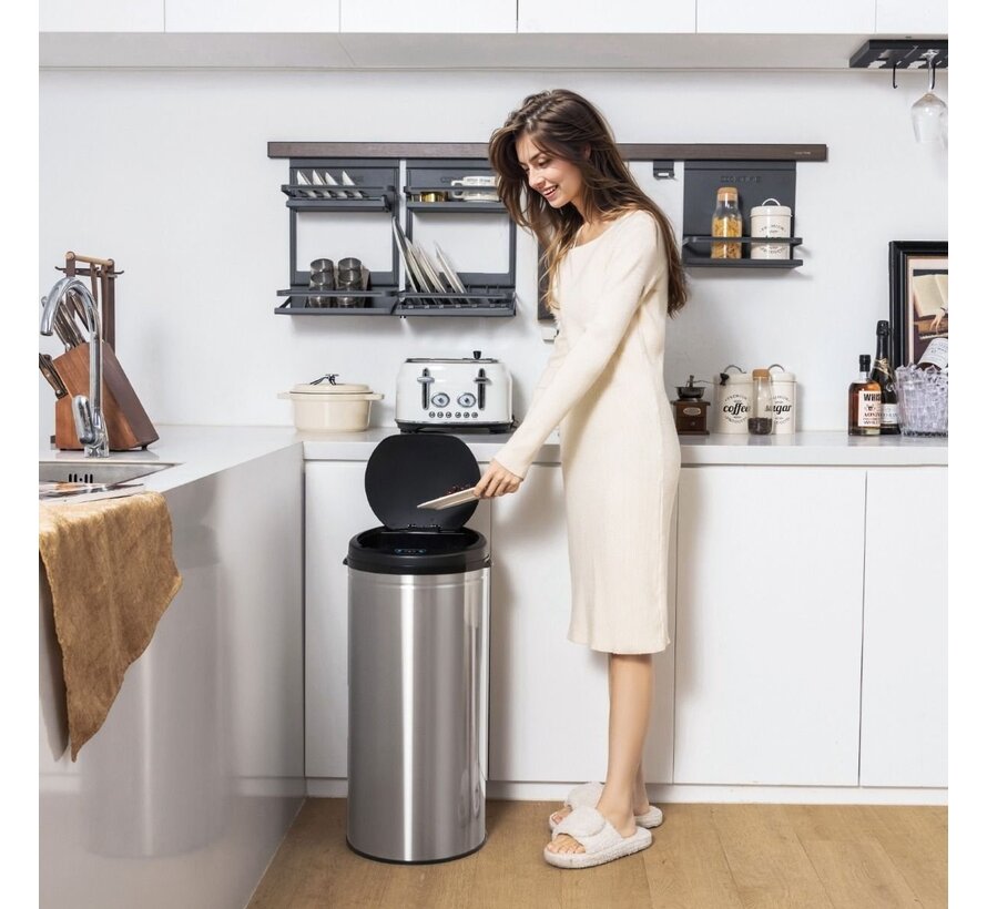 Poubelle automatique 30 L avec détecteur de mouvement et cadre en acier inoxydable Poubelle sans contact alimentée par batterie pour la maison/le bureau