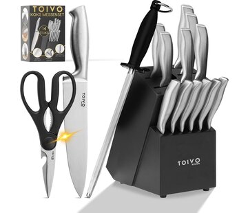 Toivo Kitchen Toivo Kitchen Professional Knife Set 14 Pieces - Incl. Knife Sharpener Scissors and Knife Block - Silver - Chef's Knife Set - Kitchen Knife Set