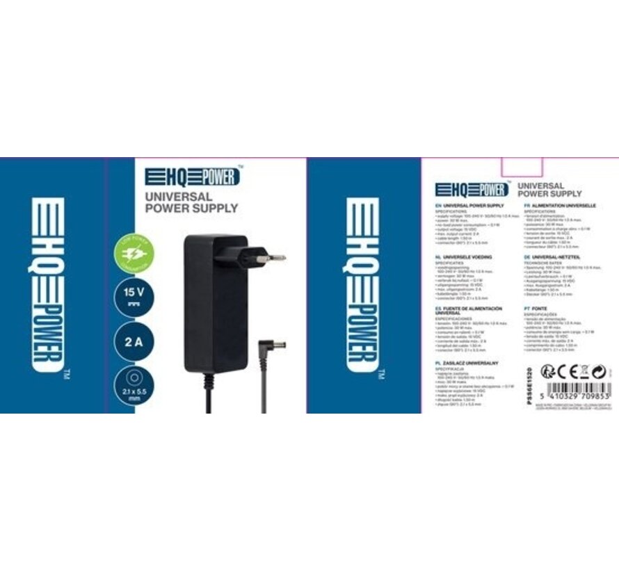 HQ-Power Alimentation universelle - 15 Vdc - 2 A - 30 W - Connecteur (2.1 X 5.5 Mm)