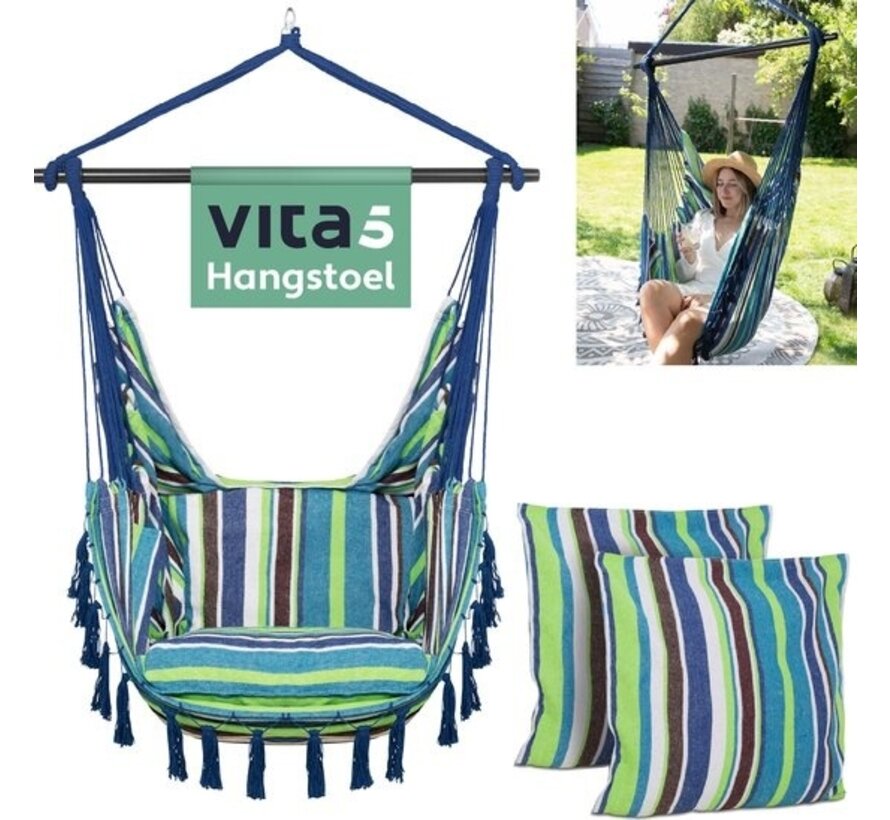 Vita5 XXL Chaise suspendue - Intérieur et extérieur - 2 coussins inclus - compartiment à livres - adultes - enfants - capacité de charge maximale 150kg - bleu/vert/blanc