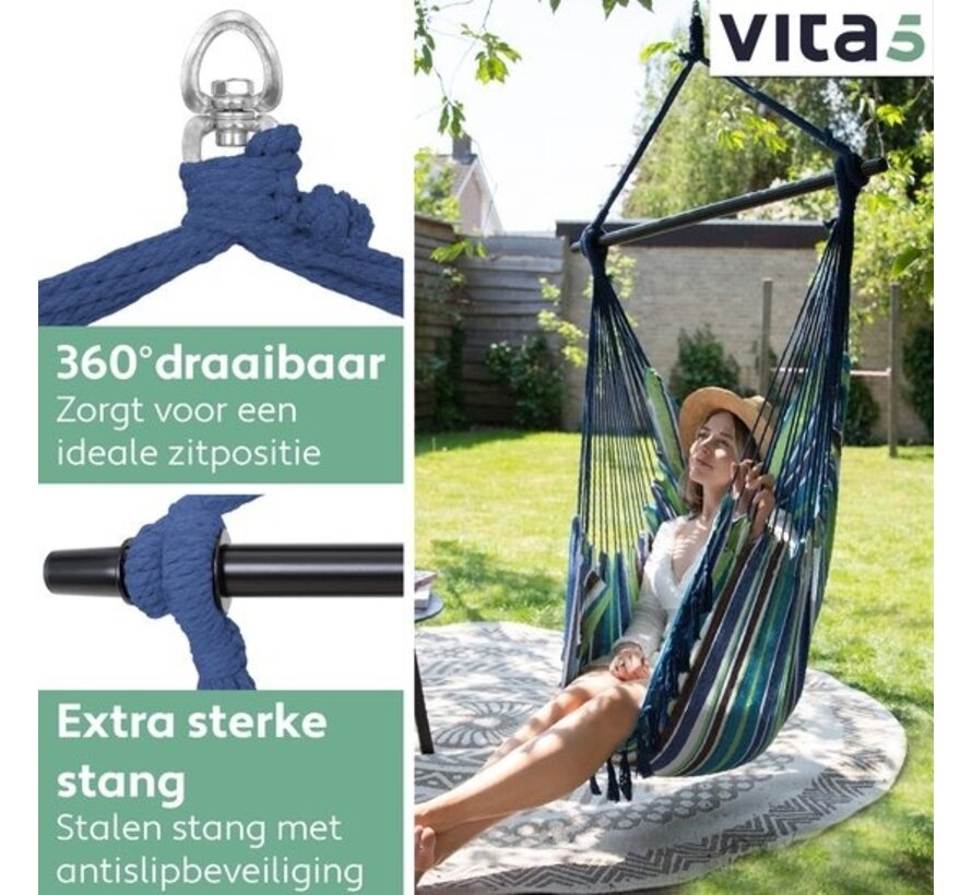 Vita5 XXL Chaise suspendue - Intérieur et extérieur - 2 coussins inclus - compartiment à livres - adultes - enfants - capacité de charge maximale 150kg - bleu/vert/blanc