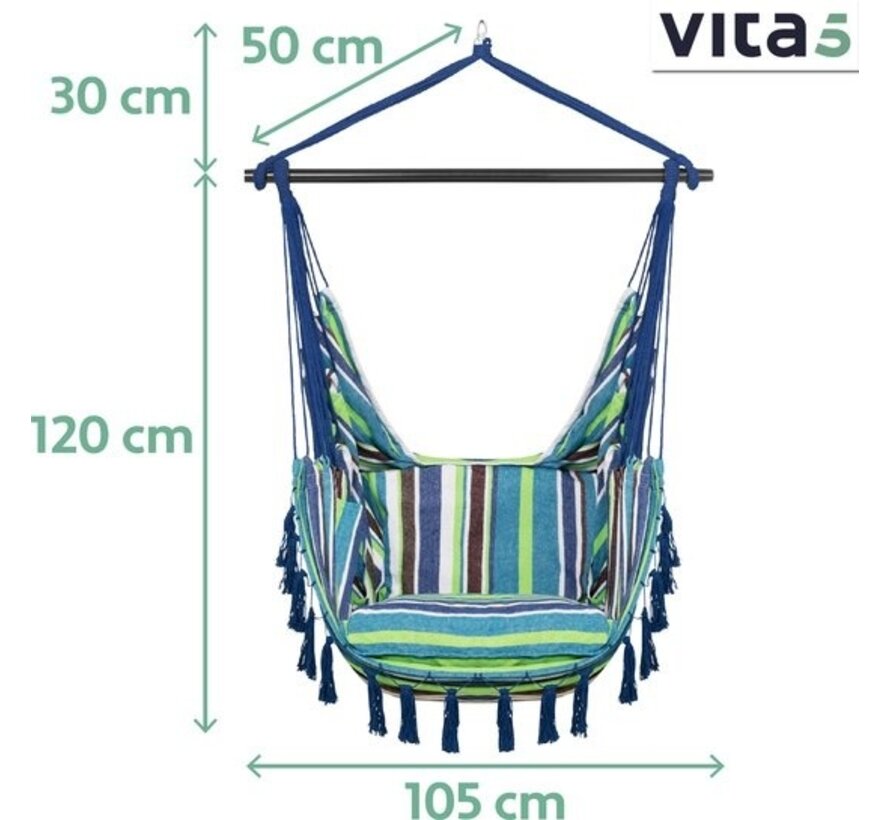 Vita5 XXL Chaise suspendue - Intérieur et extérieur - 2 coussins inclus - compartiment à livres - adultes - enfants - capacité de charge maximale 150kg - bleu/vert/blanc