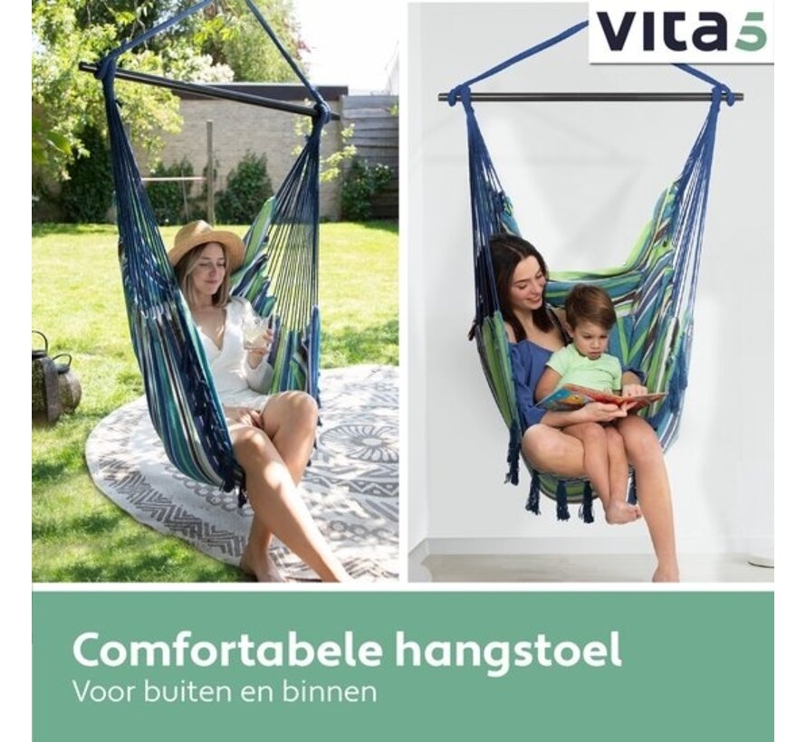 Vita5 XXL Chaise suspendue - Intérieur et extérieur - 2 coussins inclus - compartiment à livres - adultes - enfants - capacité de charge maximale 150kg - bleu/vert/blanc